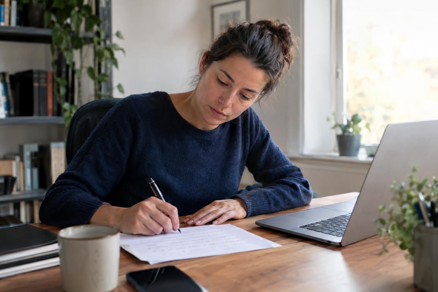 Homeowner writing a formal letter at a home desk