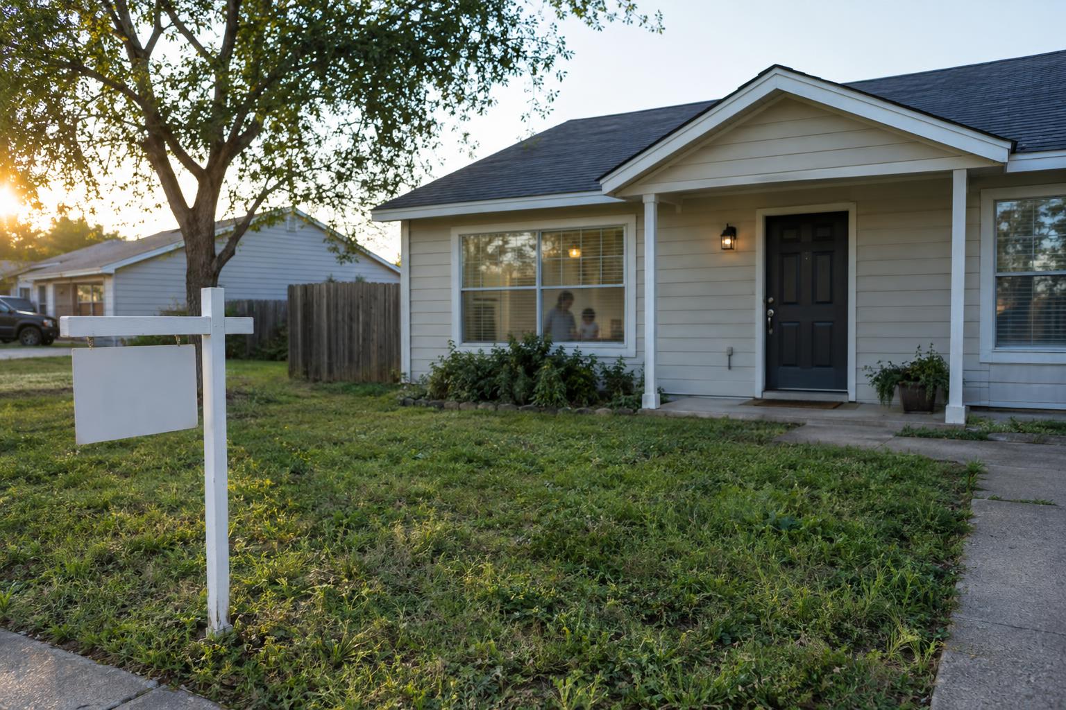 Modest rental-style Texas home exterior with a blank yard sign