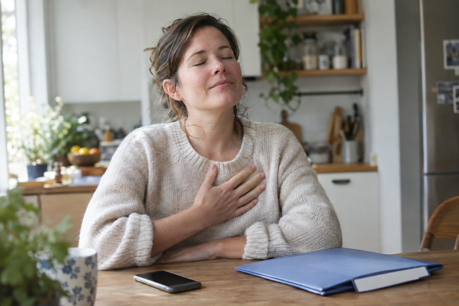 Relieved woman with a phone and folder at a kitchen table