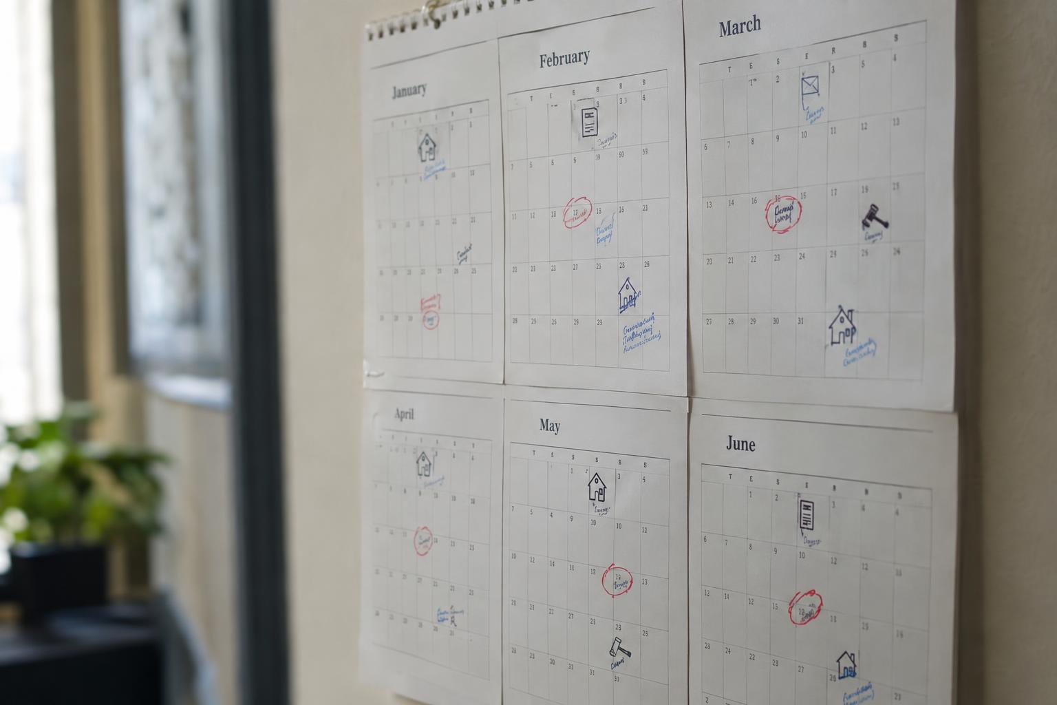 Wall calendar showing a multi-stage progression with small icons