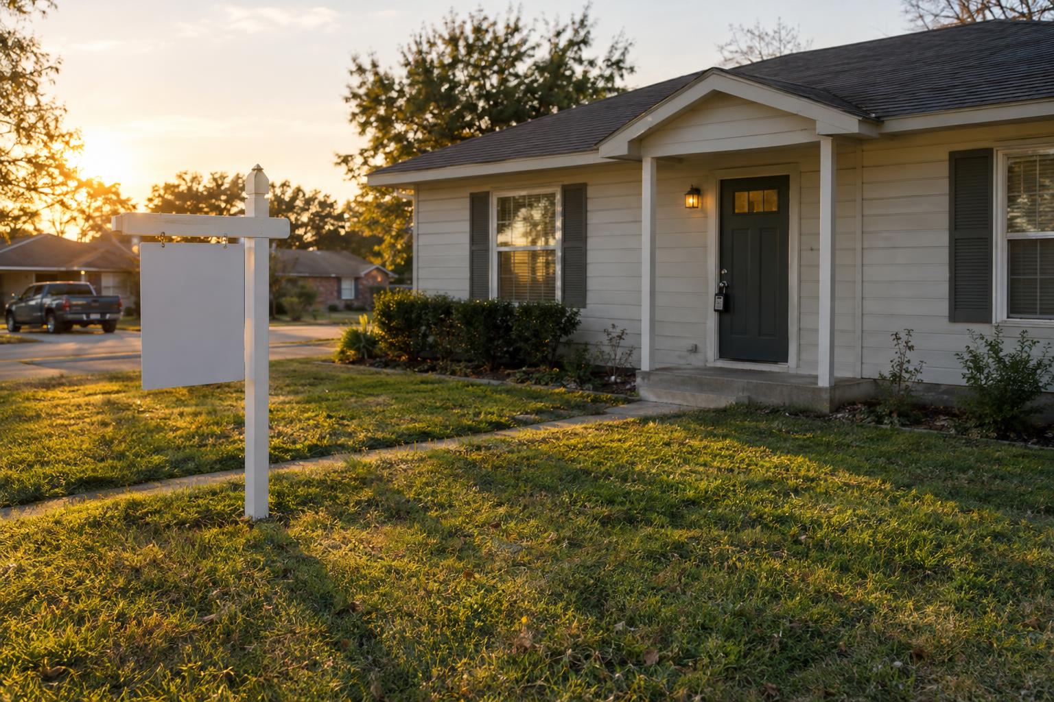 Modest Texas home with a yard sign at golden hour