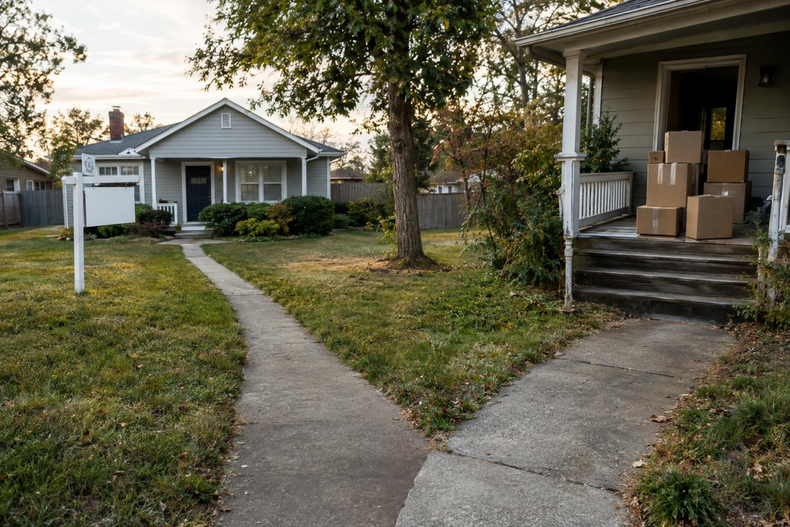 Split composition of a for-sale home and moving boxes