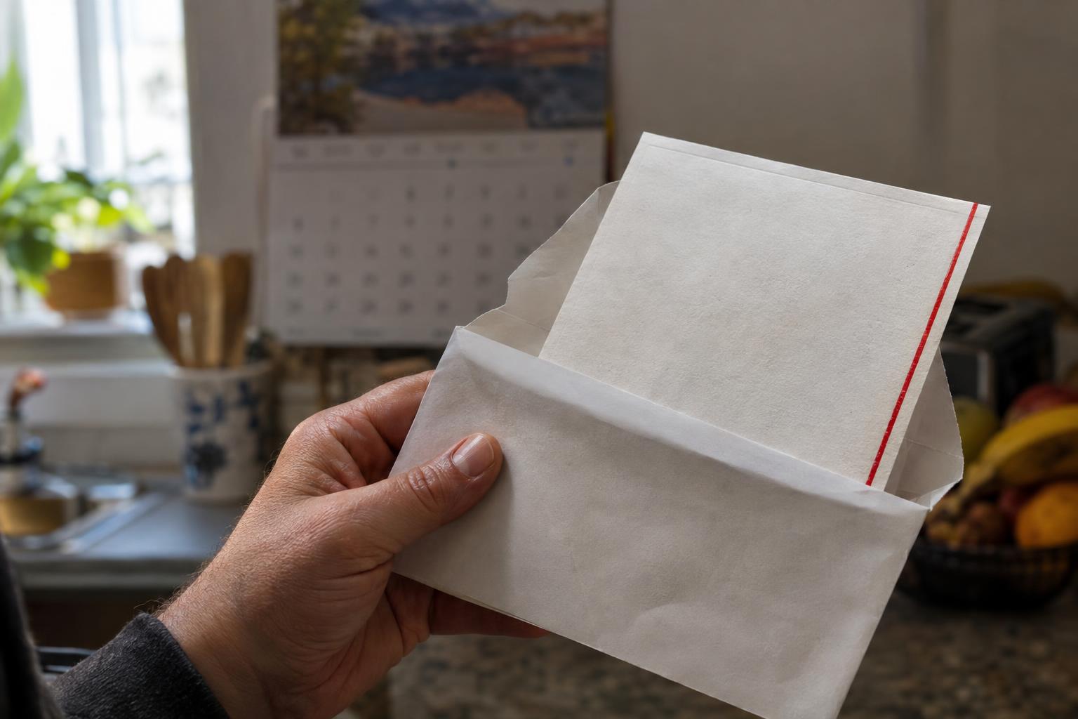 Hand holding an opened envelope near a kitchen calendar