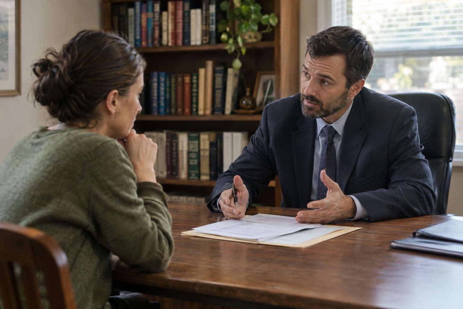 Homeowner sitting across from an attorney at a desk