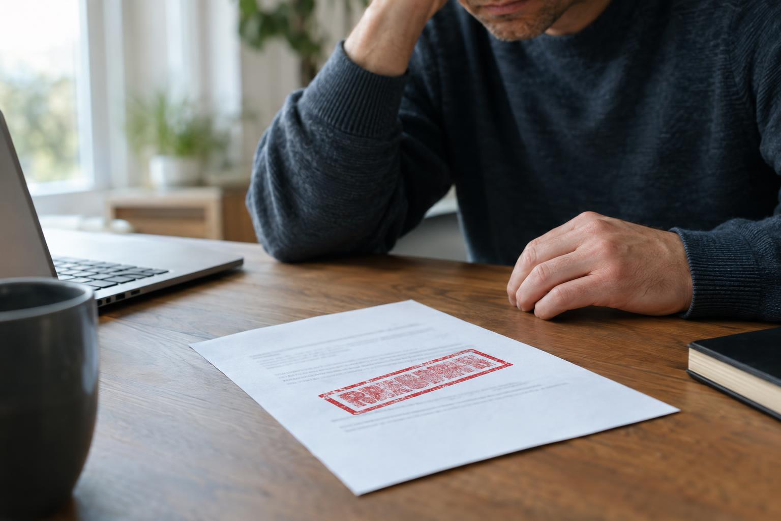 Stamped rejection letter resting on a desk