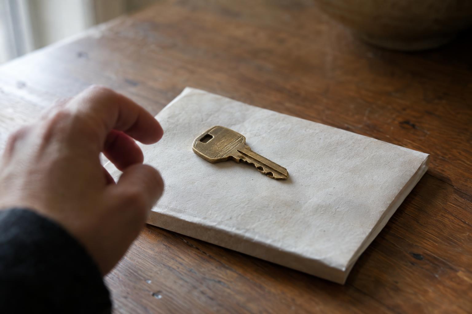 Hand withdrawing from a house key resting on a legal document