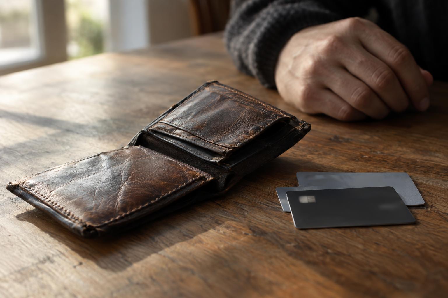 Worn wallet with credit cards resting on a table