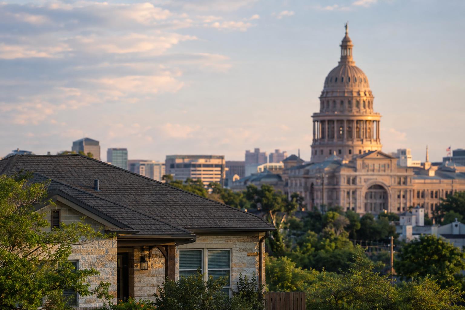 Texas Capitol in the background with a home silhouette in the foreground