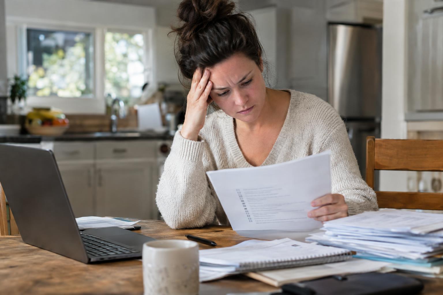 Homeowner overwhelmed by paperwork with a checklist at a table