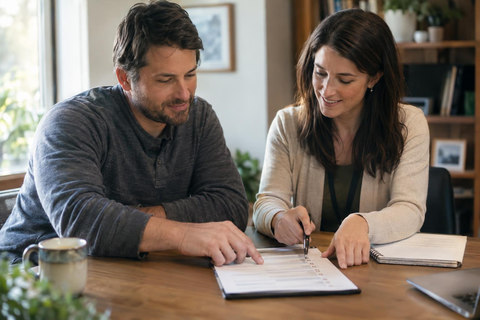 Homeowner and counselor reviewing a checklist together at a desk