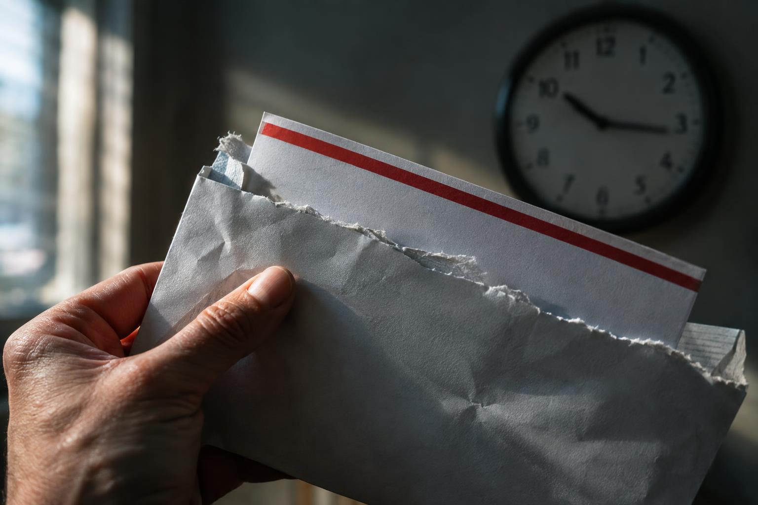 Hand holding a torn envelope near a wall clock