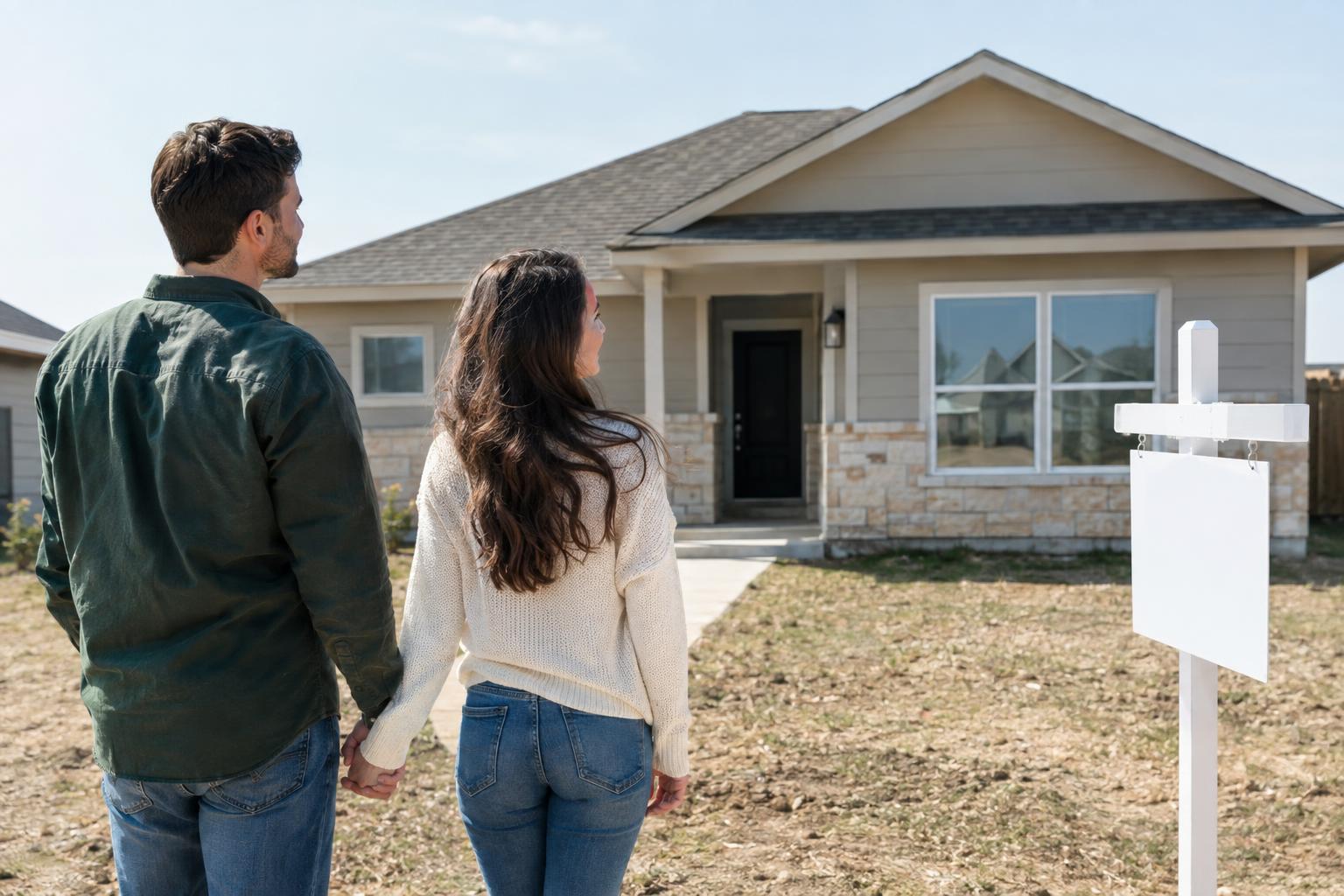 Hopeful couple looking at a new modest home together