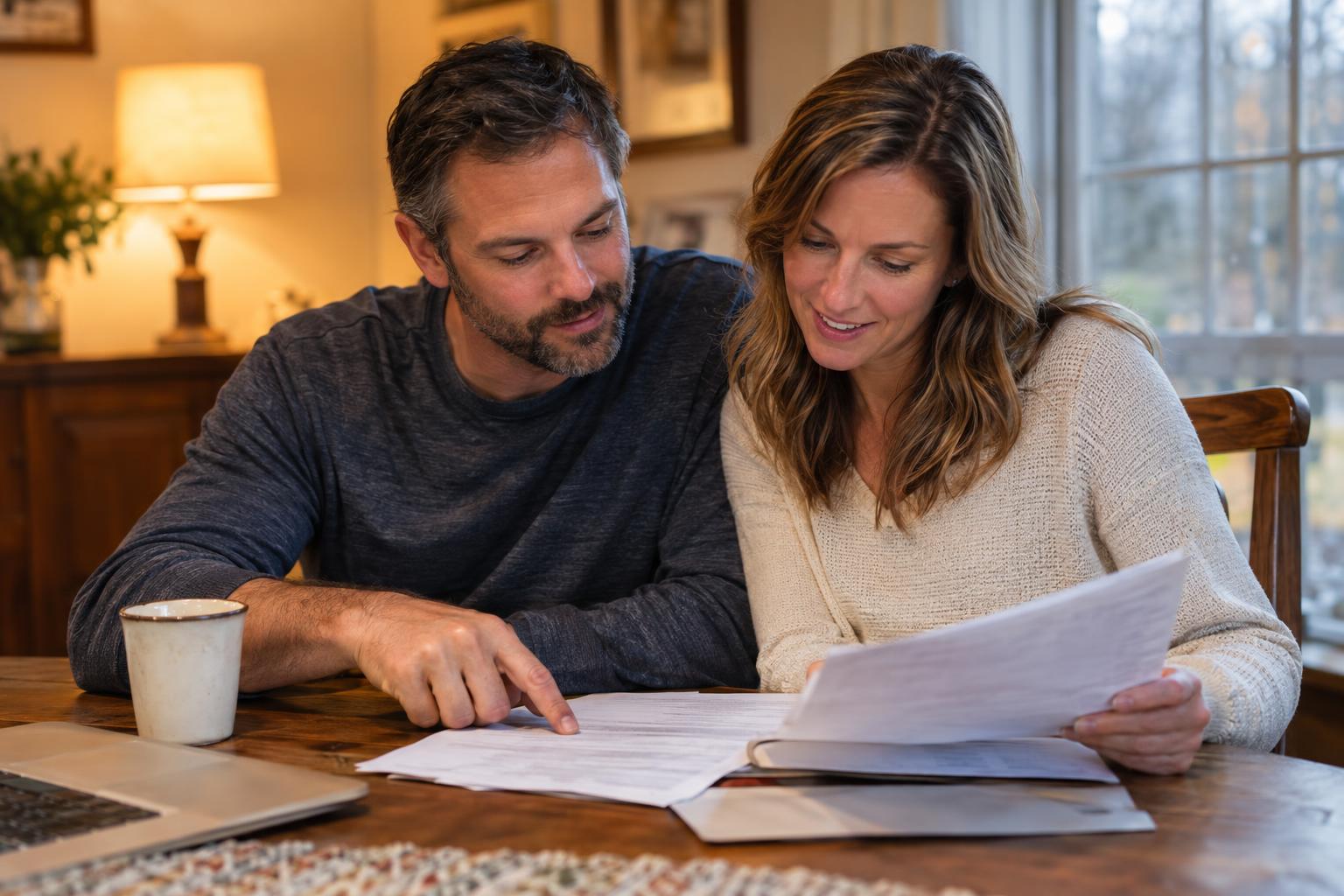Couple reviewing documents together at a dining table