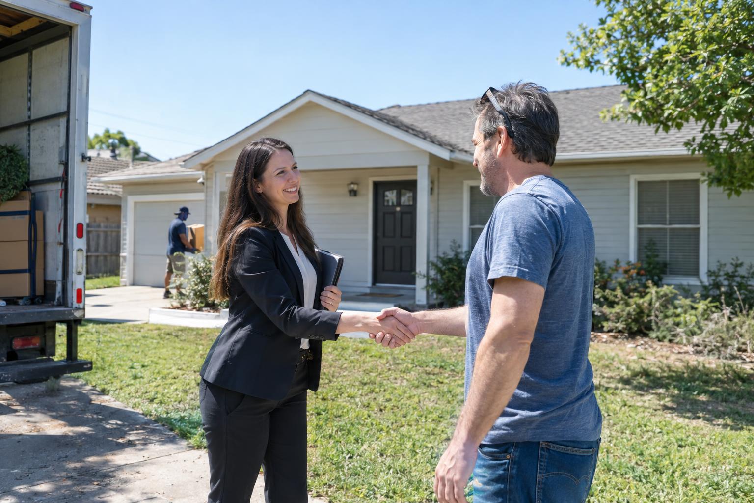 Realtor and homeowner shaking hands in front of a home with a moving truck