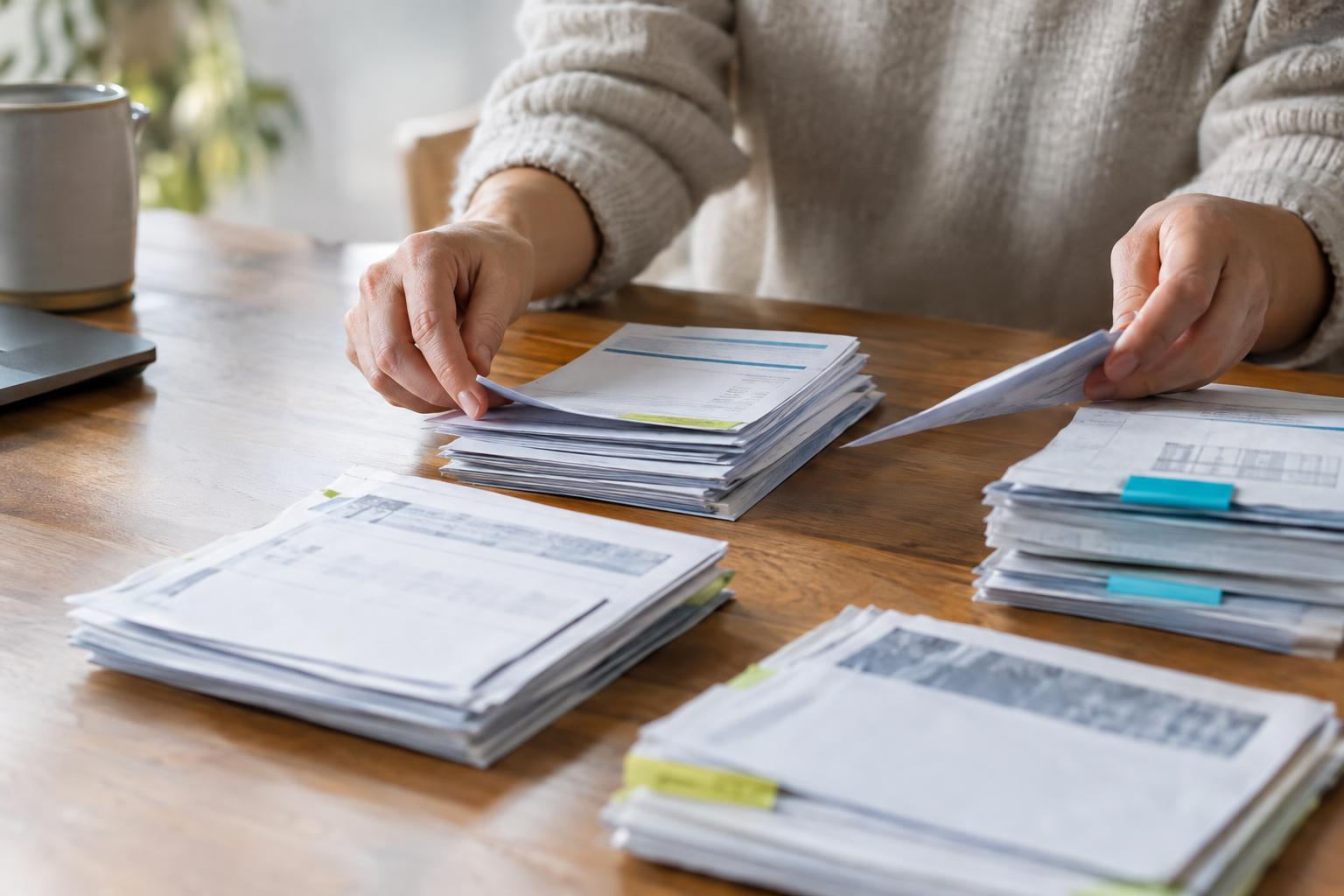 Hands sorting bank statements into neat stacks on a table