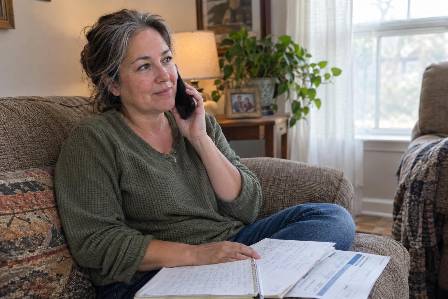Woman calmly on the phone reviewing mortgage paperwork on the couch