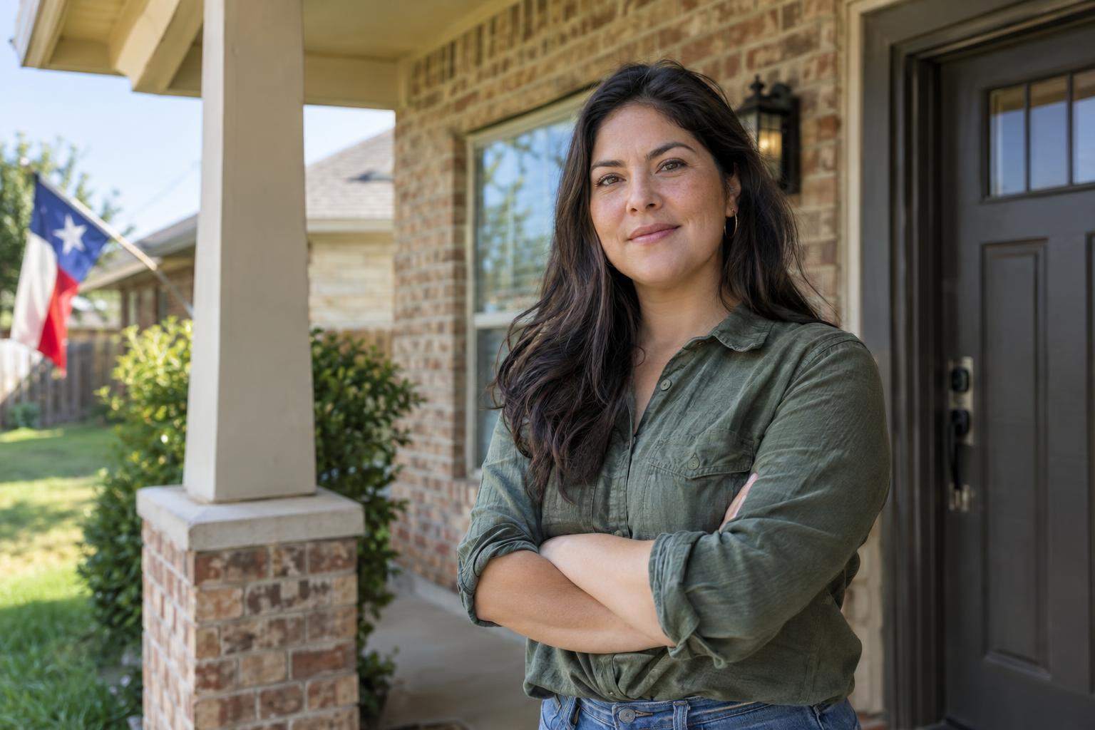 Homeowner standing confidently on the porch of a Texas home