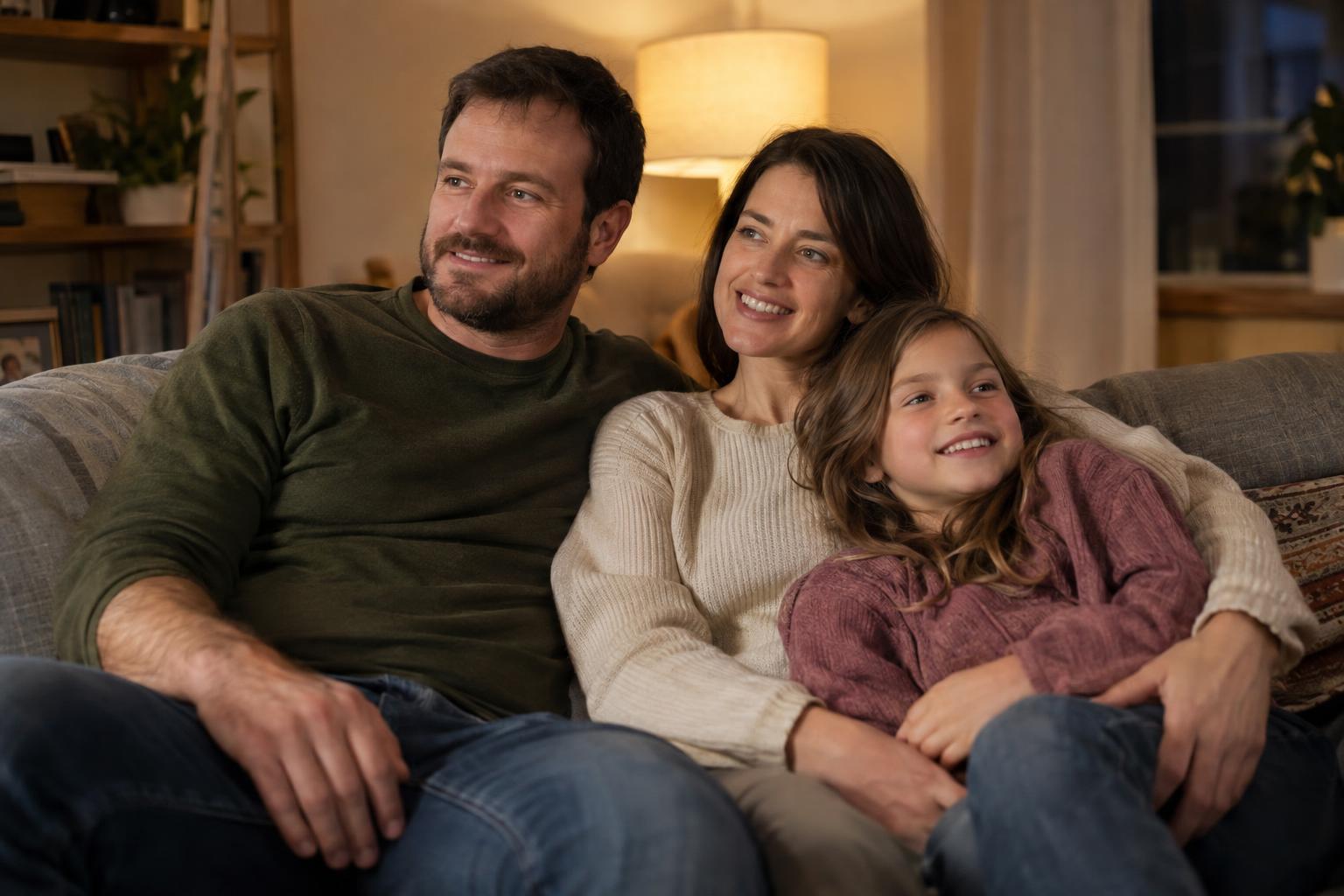 Family relaxed together on a living room couch