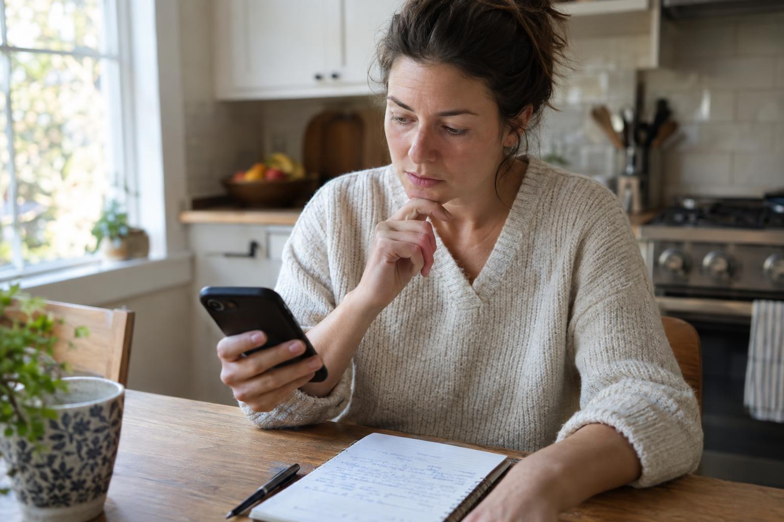 Notepad with handwritten questions and a phone at a kitchen table