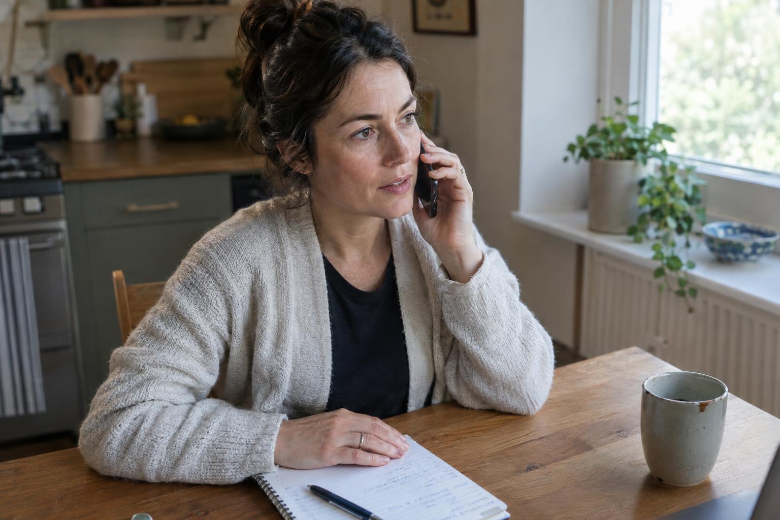 Woman on the phone at a kitchen table with a notepad