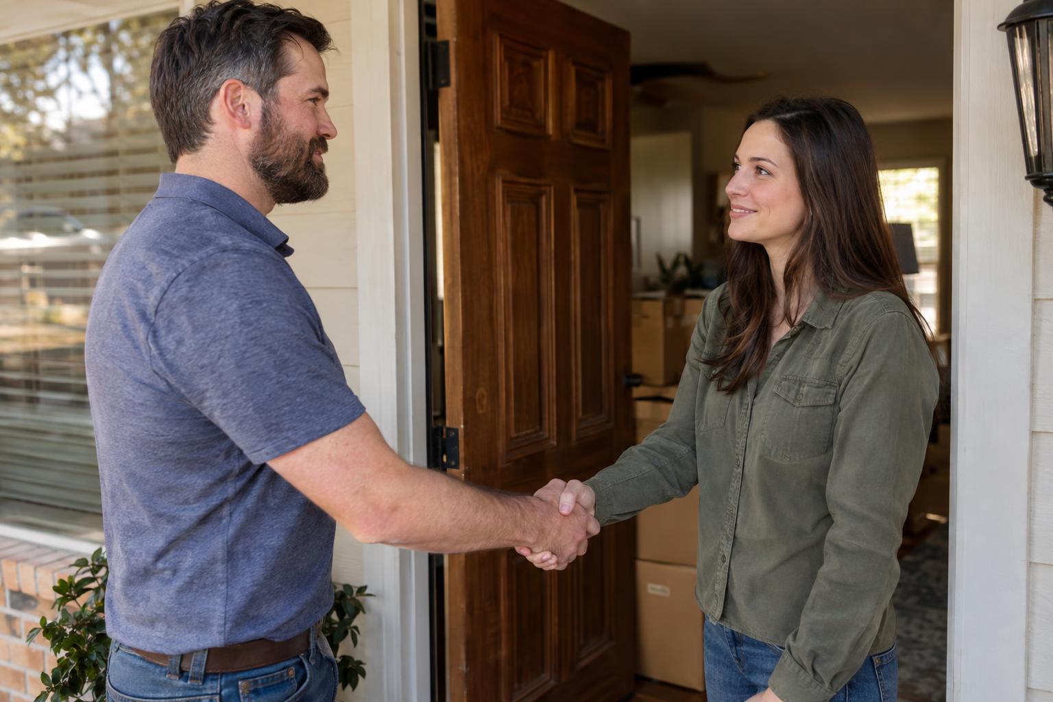 Handshake at a doorway with moving boxes visible inside