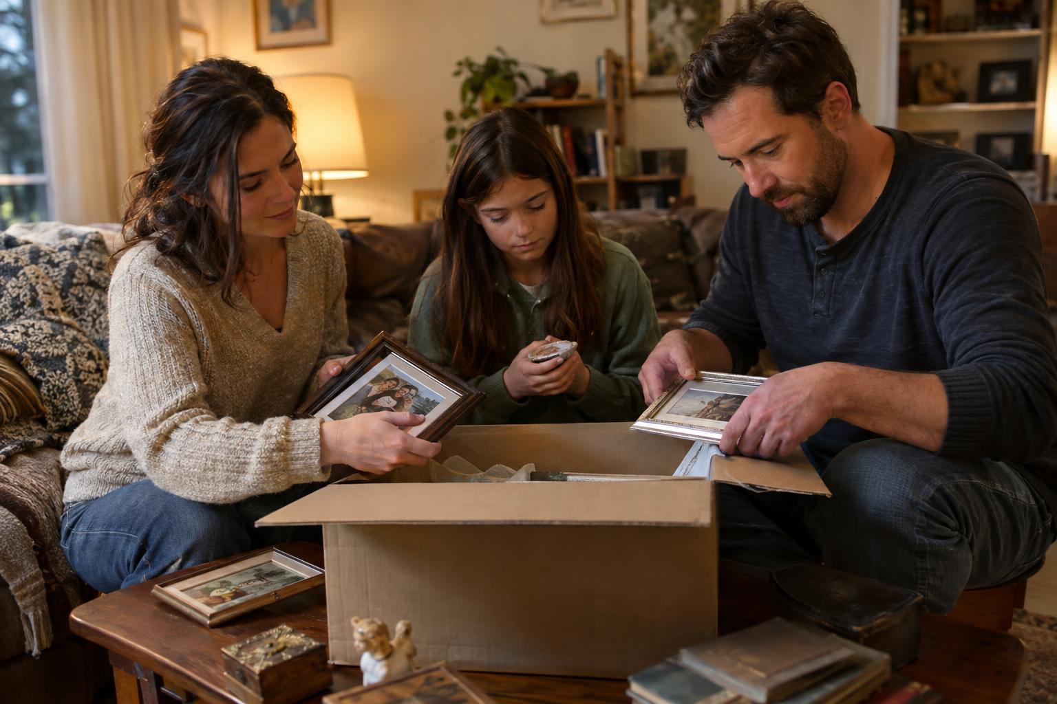 Family packing keepsakes into a cardboard box at home