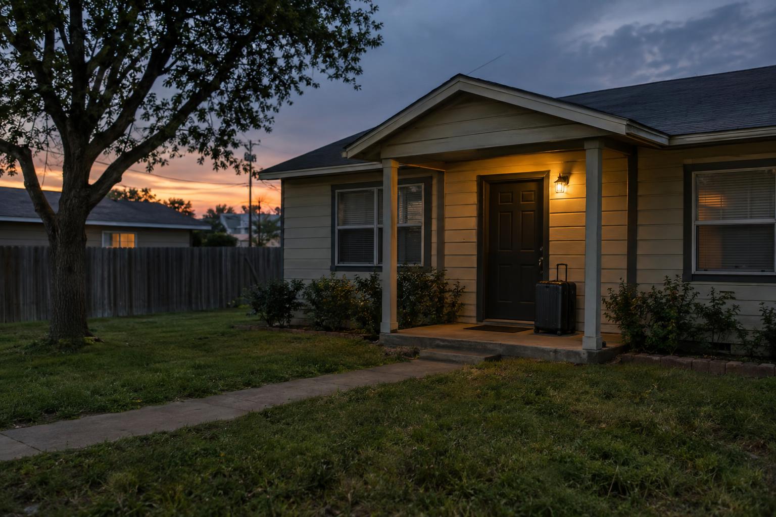 Empty yard of a modest home at dusk with a suitcase by the door