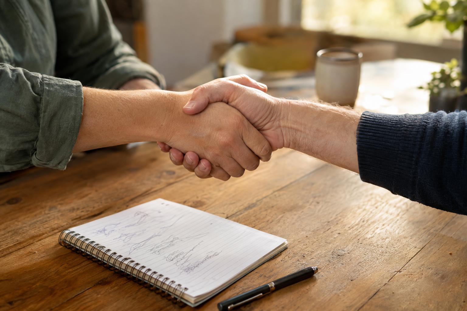 Handshake over a handwritten payment schedule notebook