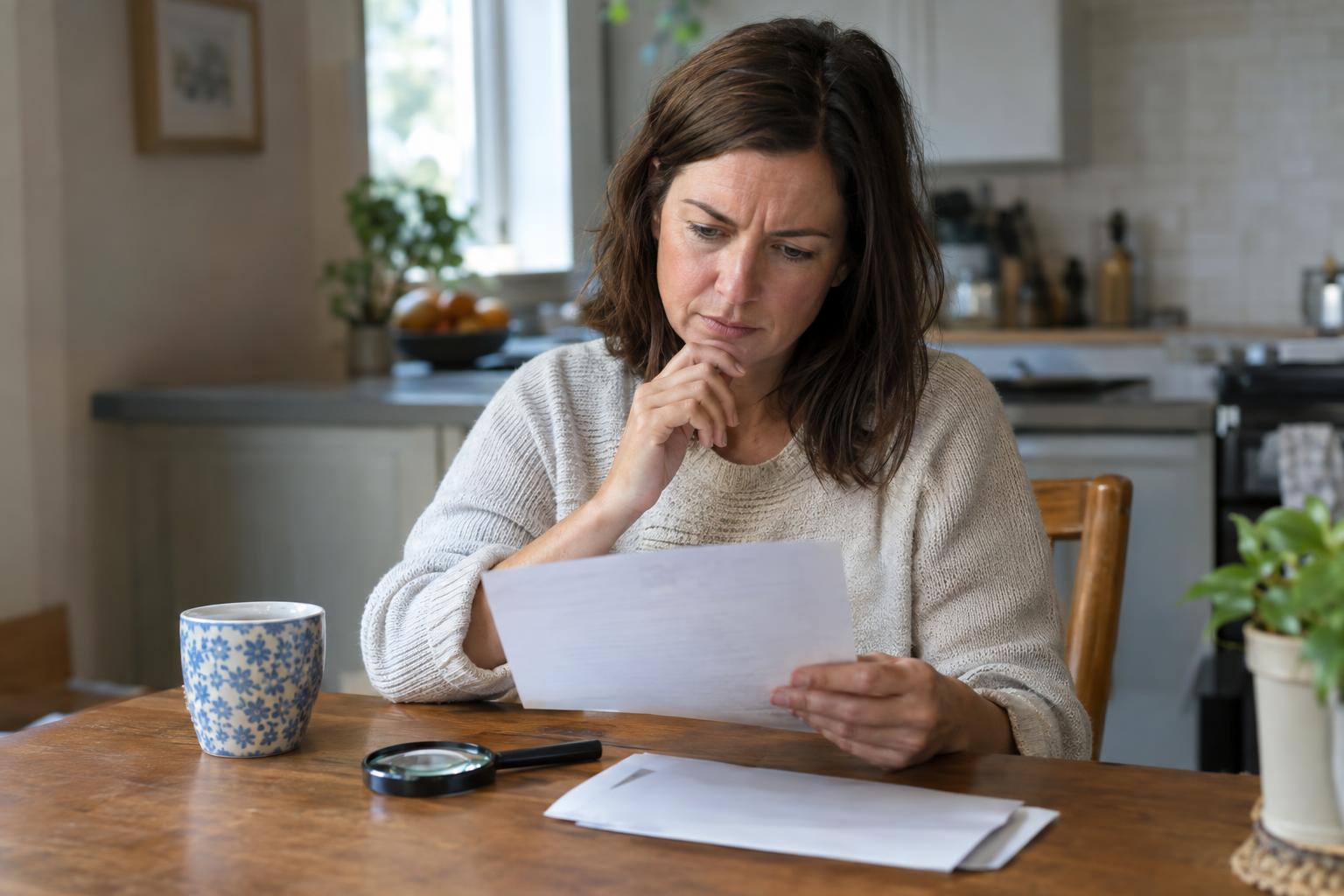 Homeowner reviewing a printed offer with a magnifying glass