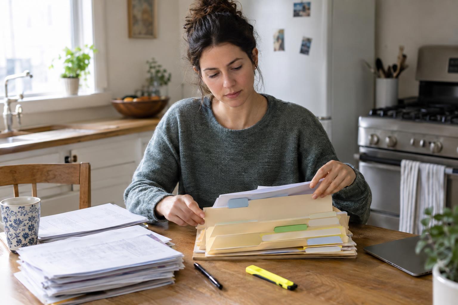 Homeowner organizing papers into labeled folders at a kitchen table