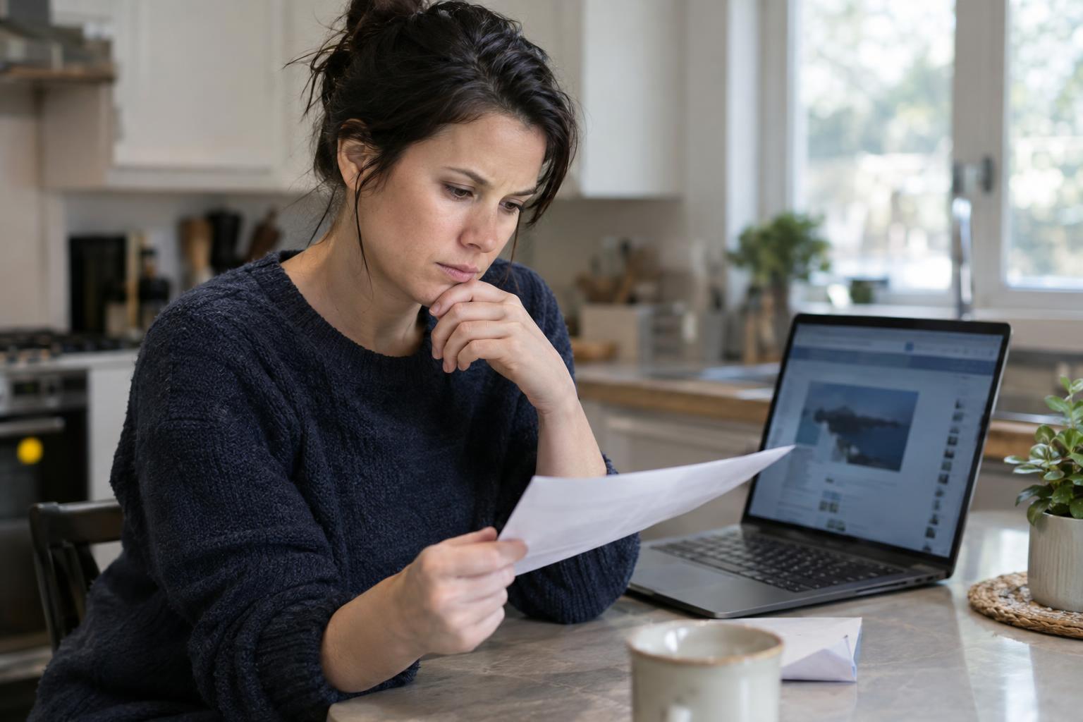 Homeowner reading a letter near a laptop at a kitchen counter
