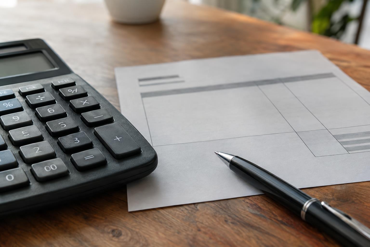 Calculator, pen, and invoice paper on a wooden desk