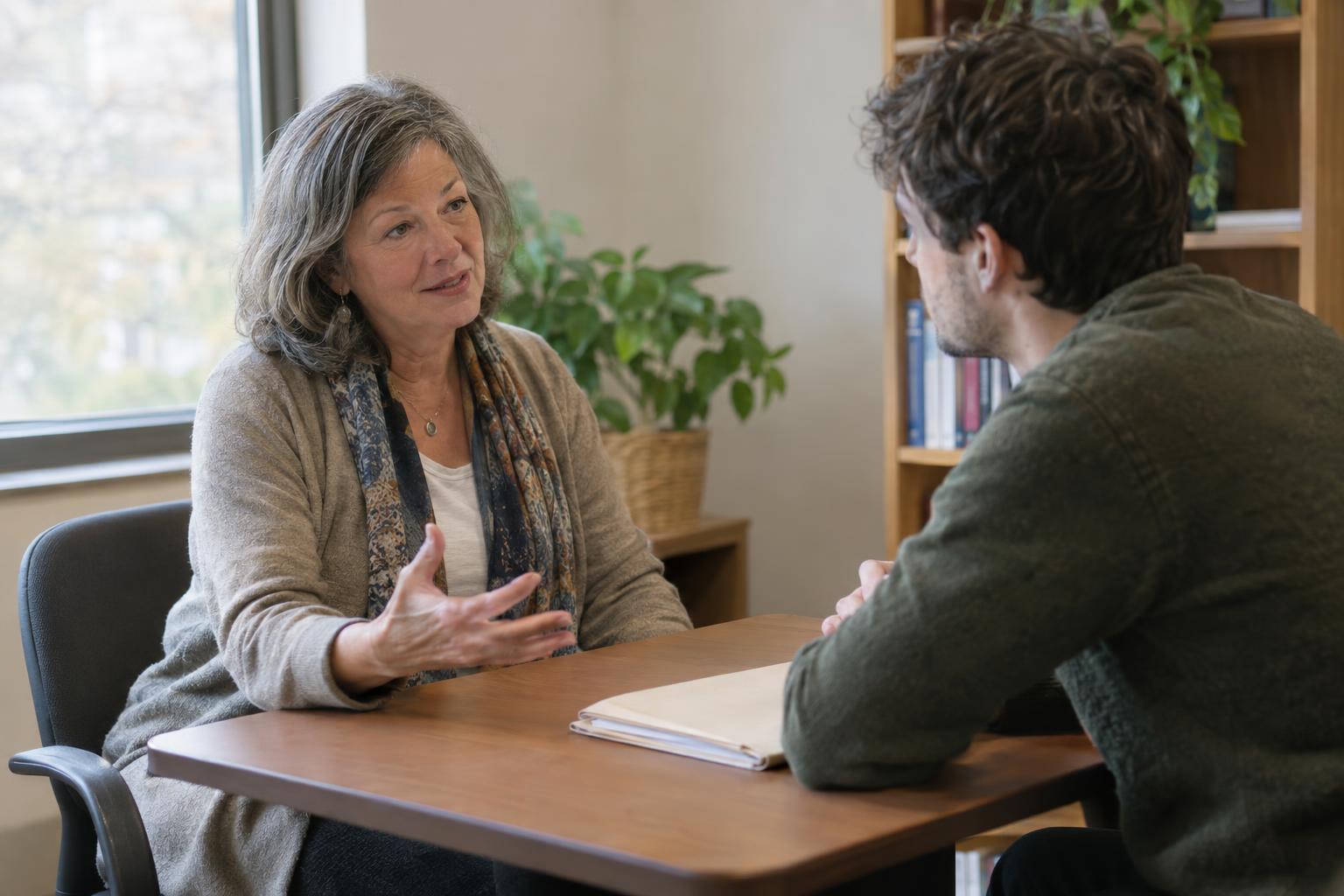 Supportive counseling conversation at a desk between two people