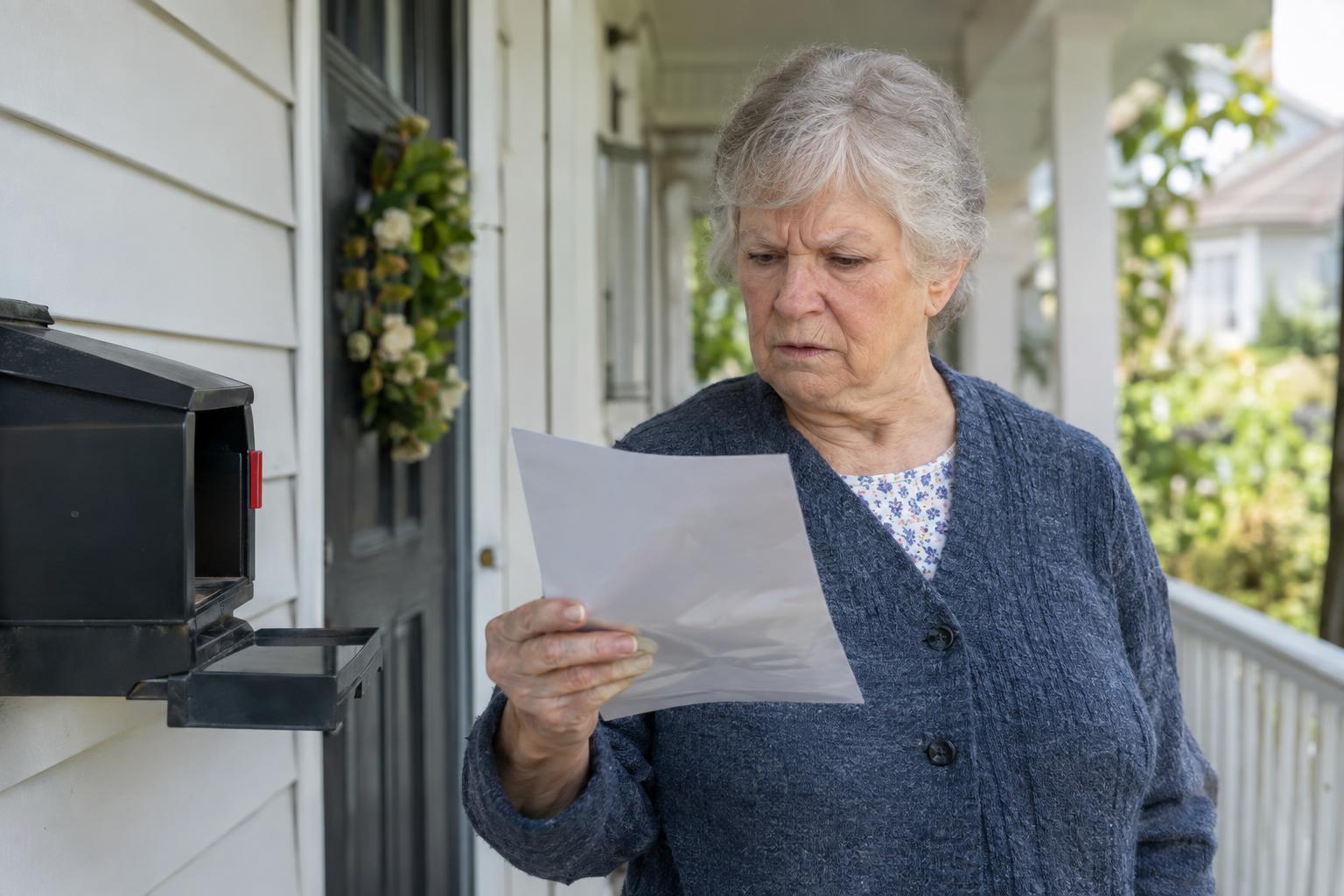 Elderly homeowner examining a suspicious flyer pulled from the mailbox