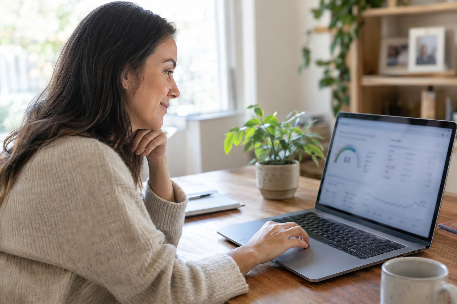 Woman reviewing a credit report on a laptop with a small plant nearby