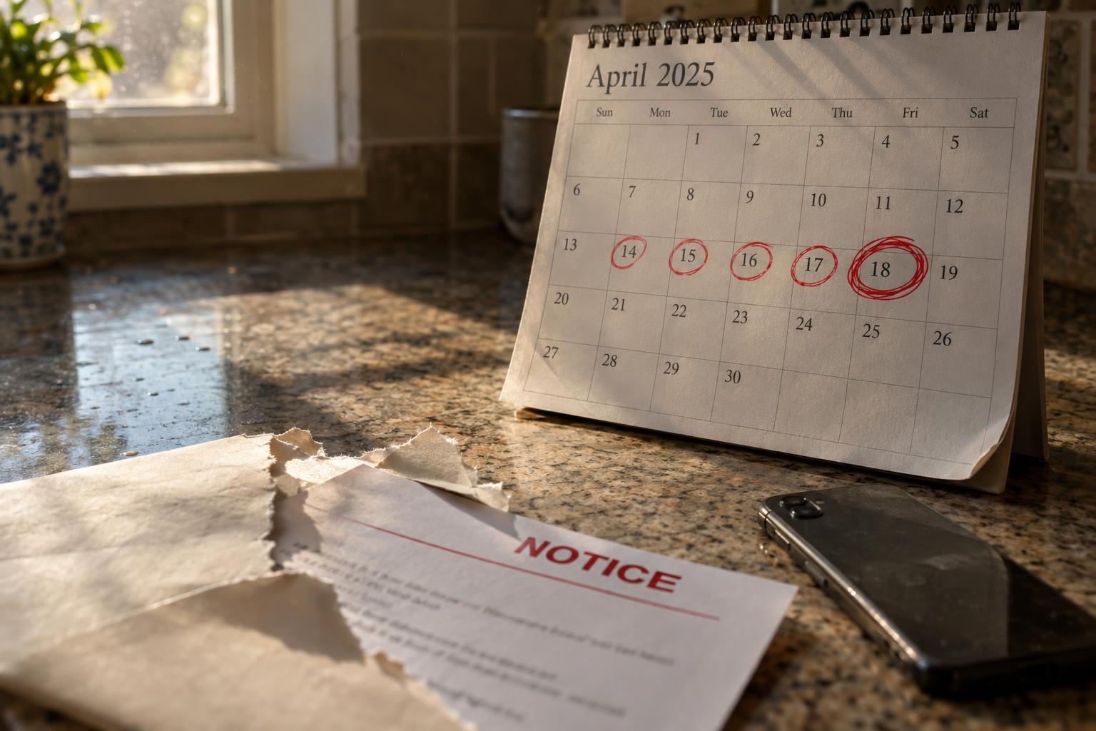 Kitchen counter with a foreclosure notice letter and a circled date on a calendar