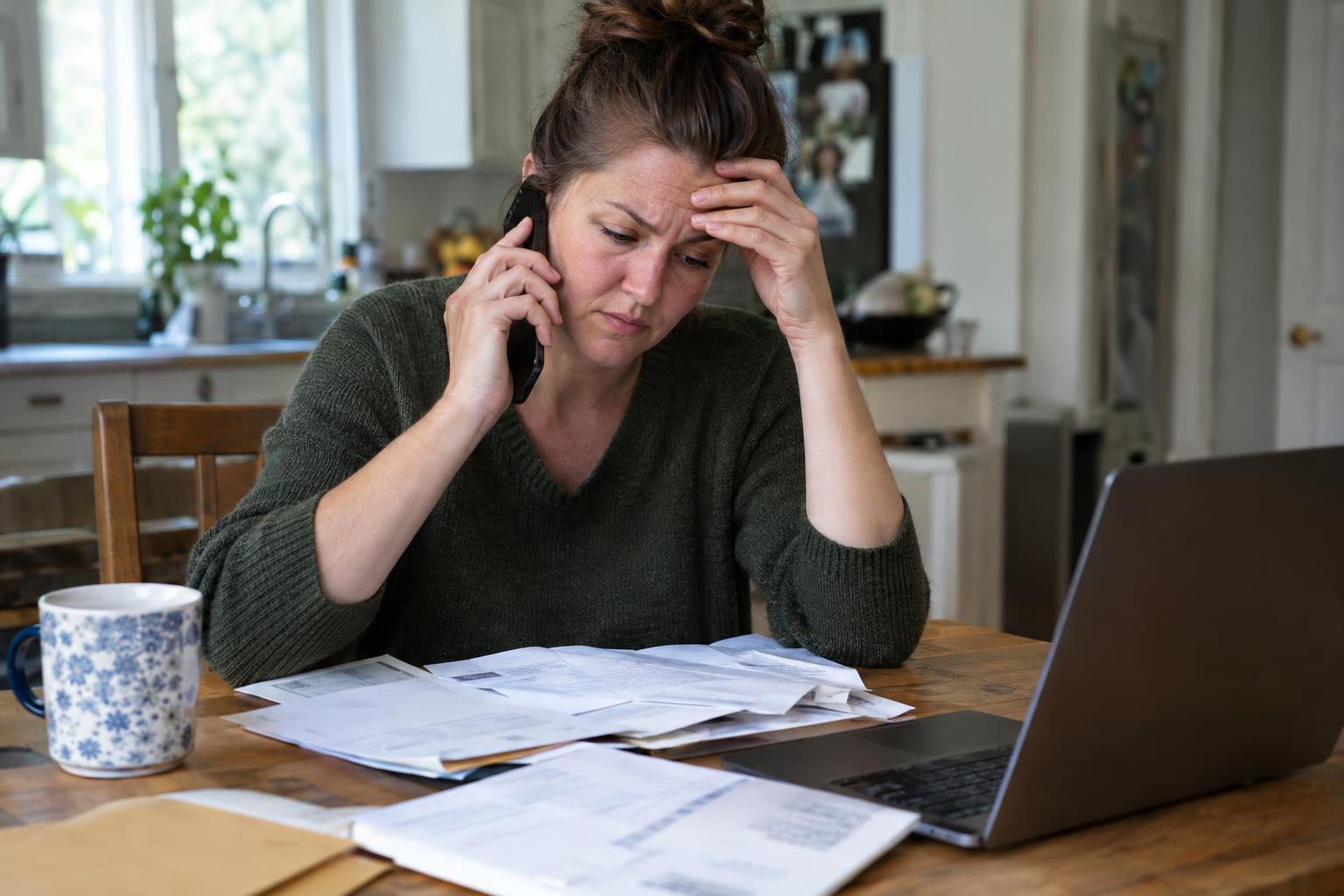 Frustrated homeowner on the phone with scattered papers