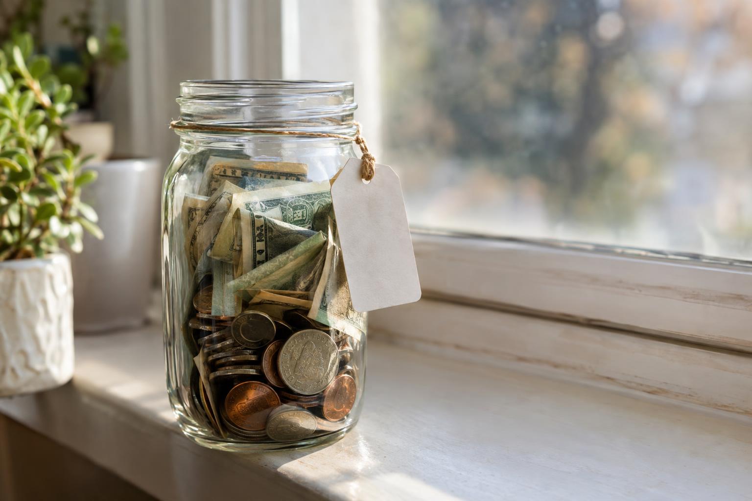 Glass jar filled with coins and bills on a kitchen windowsill