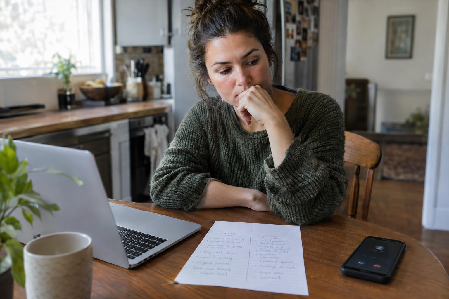 Homeowner weighing a pros and cons list at a kitchen table
