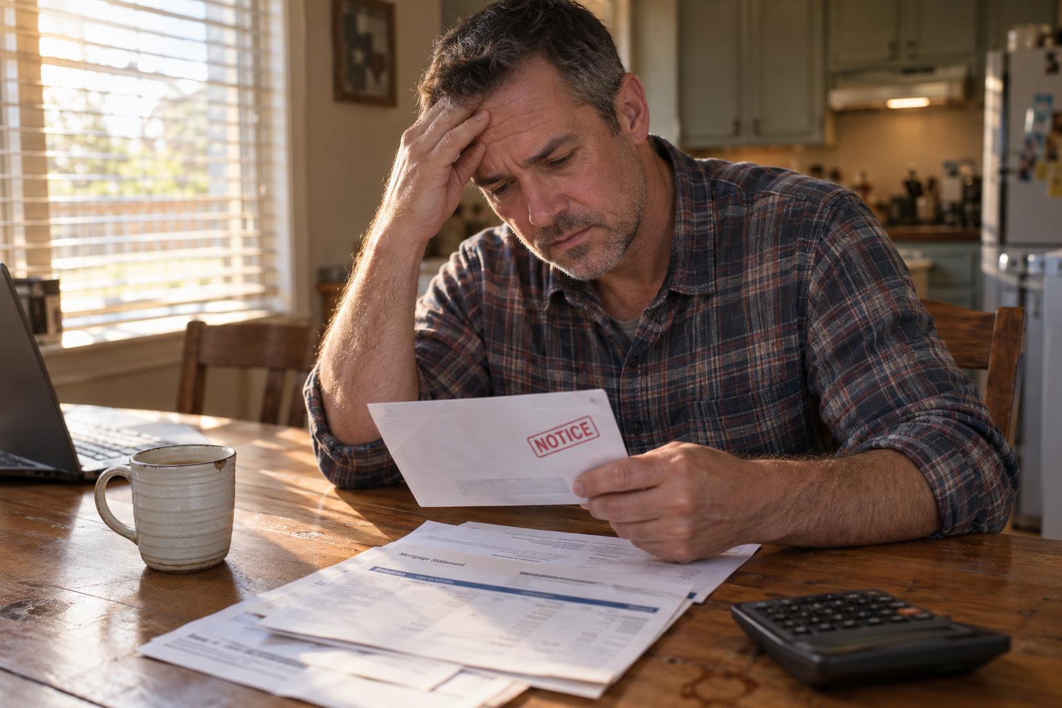 Homeowner reviewing mortgage documents at a kitchen table in a Texas home