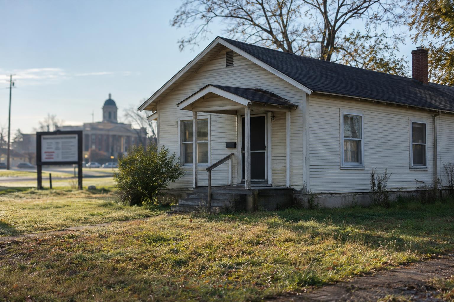 Modest home with a courthouse-style auction notice board in the background
